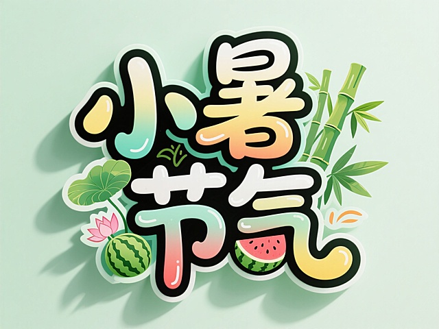 清新插画风设计，大字渐变色彩，融入竹叶与西瓜元素，展现小暑节气的夏日清凉。