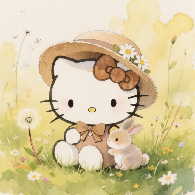 Hello Kitty头像，1:1正方形构图，浅棕色小草帽+雏菊装饰，蝴蝶结是亚麻色，抱着一只毛绒小兔子，坐在嫩绿的草地上，背景是蒲公英和小野花，手绘森系质感，暖黄柔光，清新治愈，8K高清，无水印，适预览效果