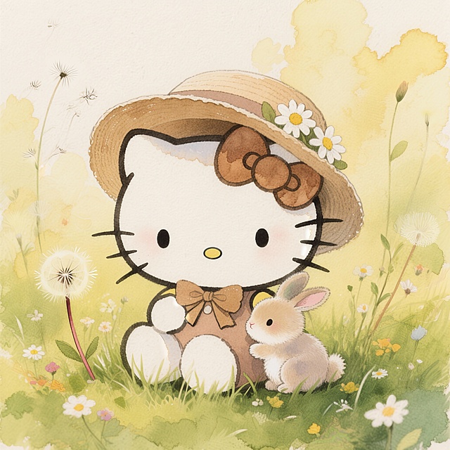 Hello Kitty头像，1:1正方形构图，浅棕色小草帽+雏菊装饰，蝴蝶结是亚麻色，抱着一只毛绒小兔子，坐在嫩绿的草地上，背景是蒲公英和小野花，手绘森系质感，暖黄柔光，清新治愈，8K高清，无水印，适合自然风爱好者