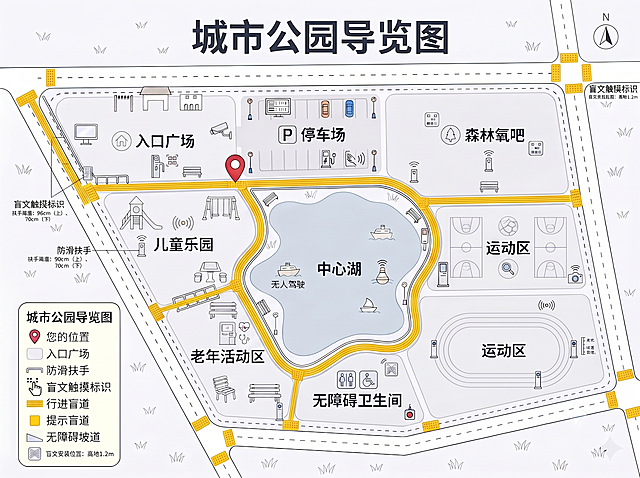 将导览图图例里原有的盲文触摸标识图标，替换成参考图里的盲文触摸标识图标，保持导览图其他所有内容、标注、布局和风格不变，依旧是清晰的2D平面无障碍专项设计图纸，白色简约风格