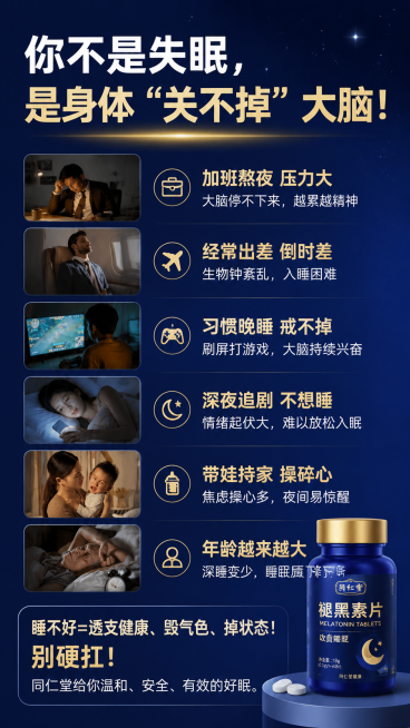 优化排版同仁堂褪黑素电商详情图，保持深蓝色渐变星空背景和参考配色，增大标题和卖点文字，增加行间距和留白，提升可读性。标题：你不是失眠，是身体 “关不掉” 大脑！，分点列出痛点，每点一行清晰排版，底部文预览效果