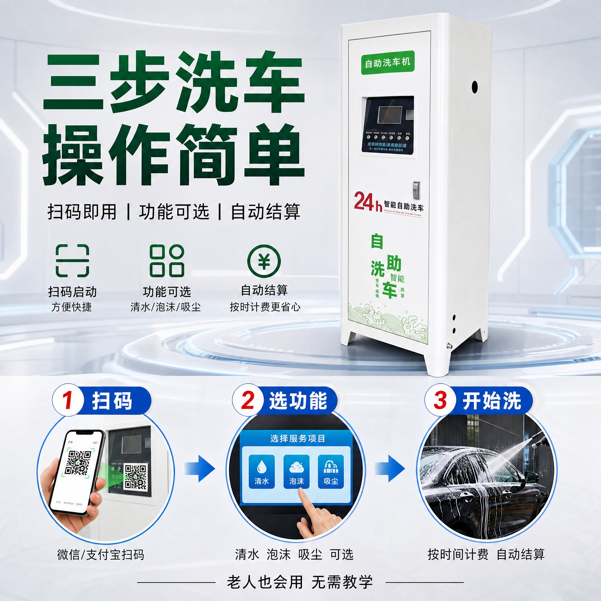 [主图-5] 自助洗车机 操作流程演示 展示用户扫码洗车的完整… - 图片创意预览