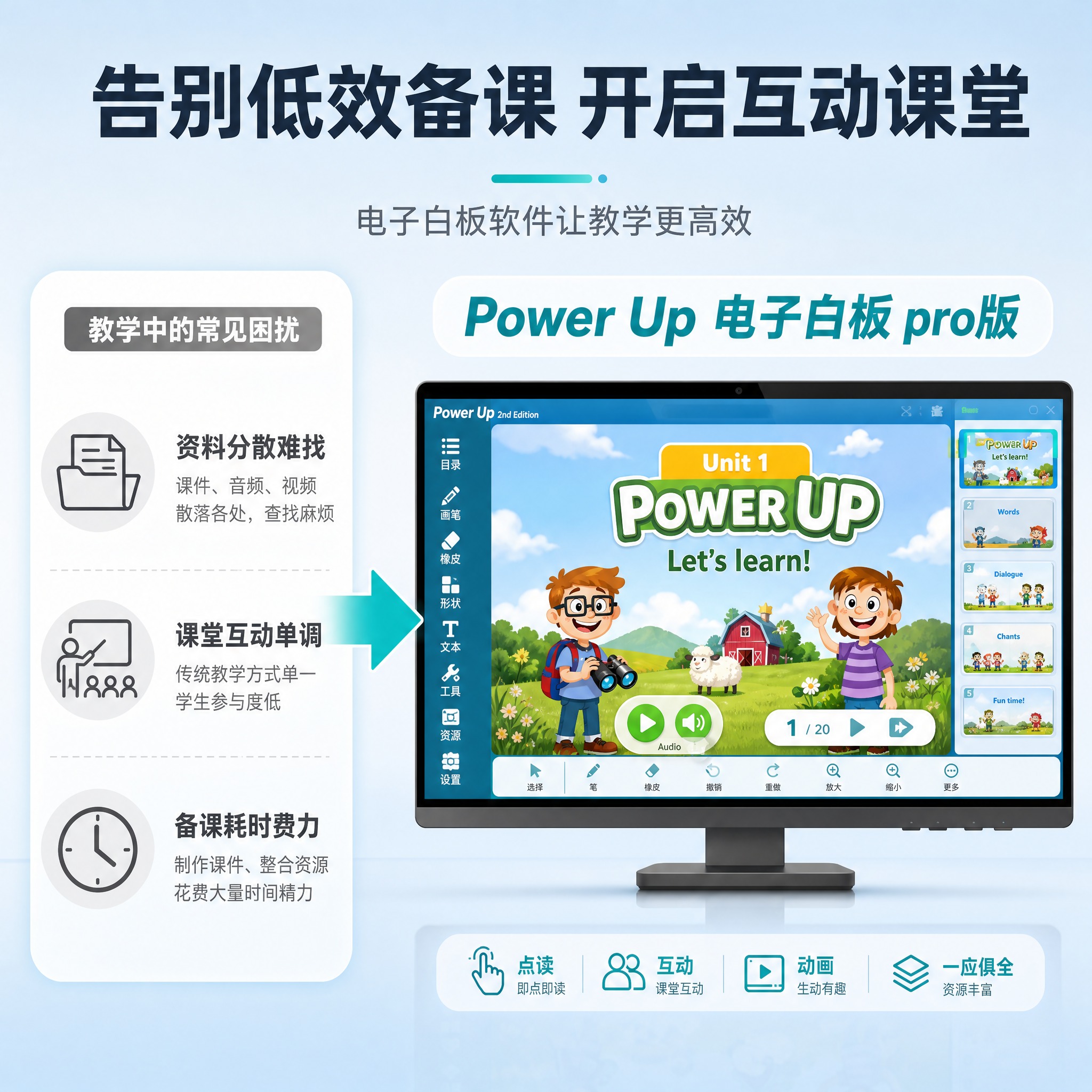 [主图-2] 痛点与学习目标：解决英语教学资料零散、课堂互动不… - 图片创意预览