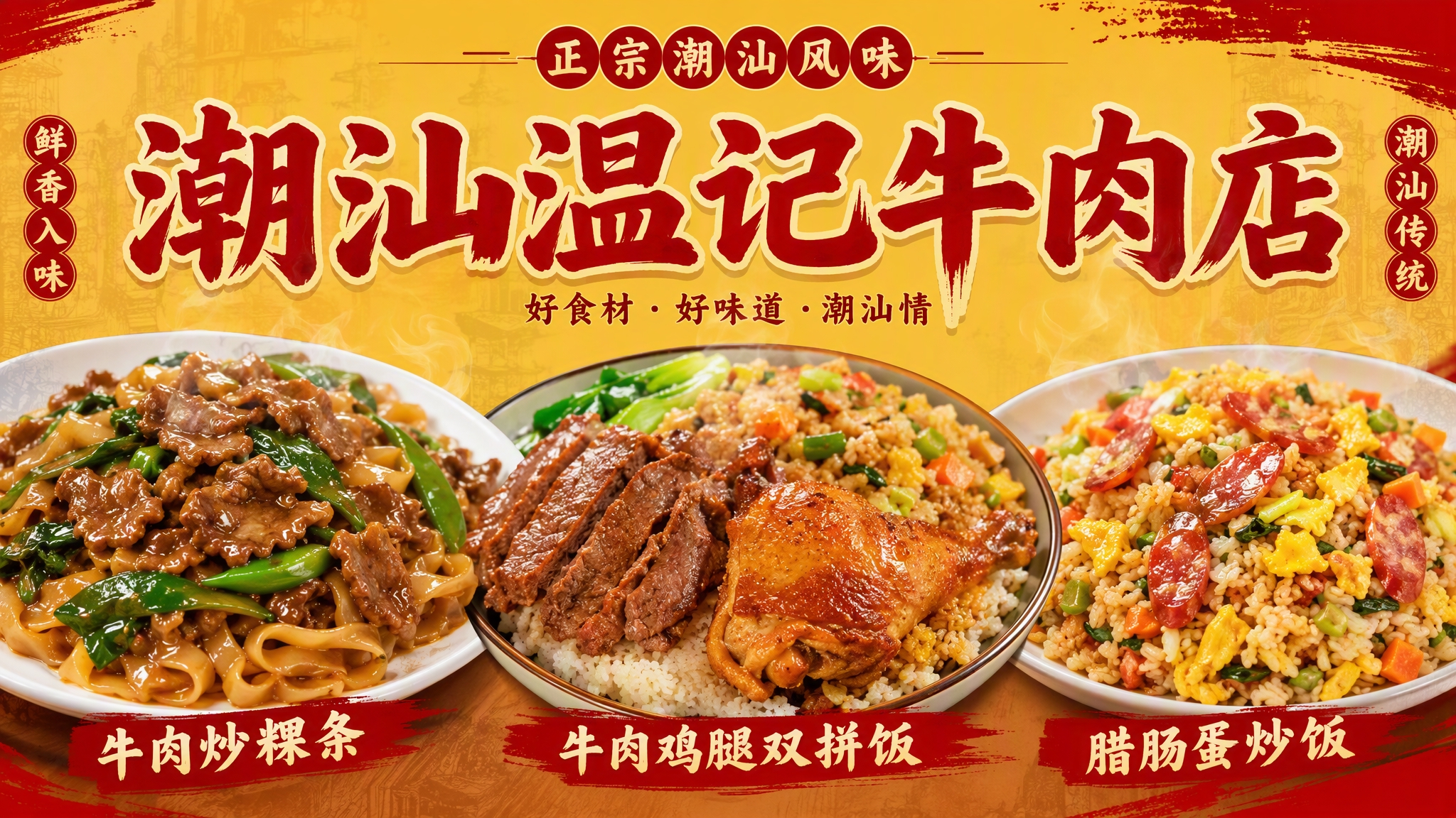 外卖店铺招牌设计，尺寸横版，店铺名称"潮汕温记牛肉店"大字居中… - 图片创意预览