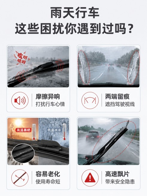 「图片1」「图片1」「图片1」使用体验・车主安心优势
静音降噪设计
钢片均匀弹力 + 端头缓冲护盖，消除雨刮摩擦吱呀声、高速抖动噪音，雨天车内安静不嘈杂。
全域均匀贴合
完整贴合挡风玻璃曲面，上下边角预览效果