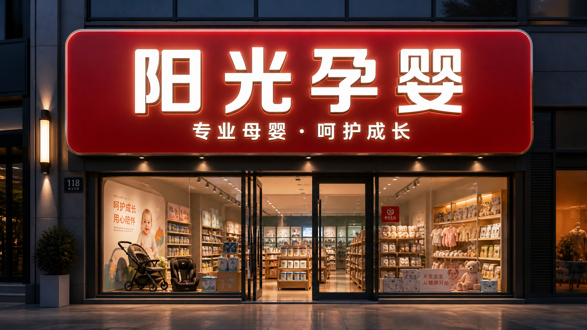 一张孕婴店门头店招效果图，红色哑光金属底板，中央是"阳光孕婴"… - 图片创意预览
