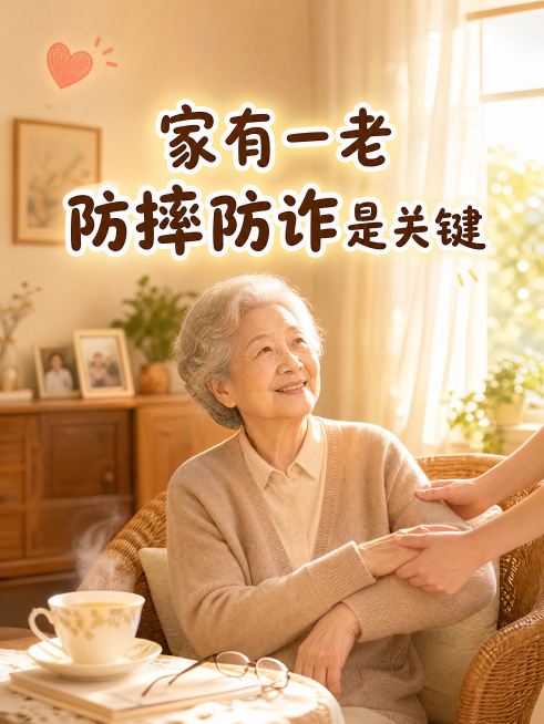 竖版小红书海报封面，画面比例3:4，温暖写实插画风格。背景场景：一位约70岁的银发老人坐在家中藤椅上，身旁一双年轻的手正搀扶着老人手臂，画面温馨充满安全感。背景是温馨的家庭客厅，阳光透过窗帘洒进来，茶预览效果