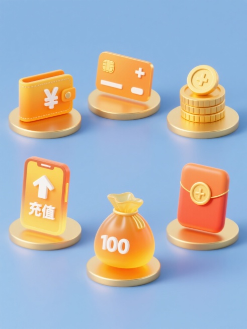 一张具有统一3D立体风格的充值元素系列海报，纯色背景，六个完全不同的充值相关元素规整排布。每个元素都采用橙黄色渐变透明材质，带有白色图标和高光阴影效果，底部有金色圆形底座。元素包括：带有¥符号的钱包，带有+号的金币堆，带有信用卡图标的银行卡，带有充值字样的手机屏幕，带有向上箭头的钱袋，带有数字100的红包。整体设计简洁明快，视觉层级清晰，信息传达效率高，符合充值相关的金融类应用或服务的宣传目的……预览效果