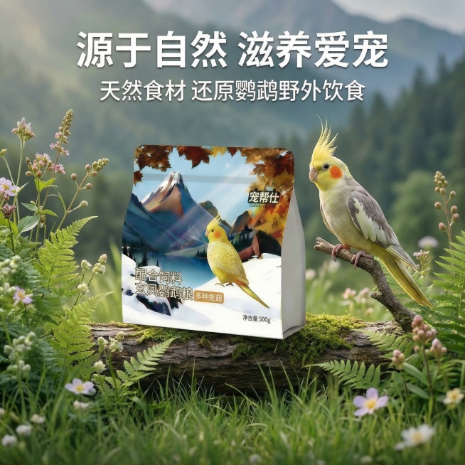 严格还原产品图，包括宠帮仕鹦鹉粮包装设计、颜色、LOGO位置、文字内容、图案元素等所有细节；主标题"源于自然 滋养爱宠"，副标题"天然食材 还原鹦鹉野外饮食"；画面将宠帮仕鹦鹉粮包装放置在自然户外场景预览效果