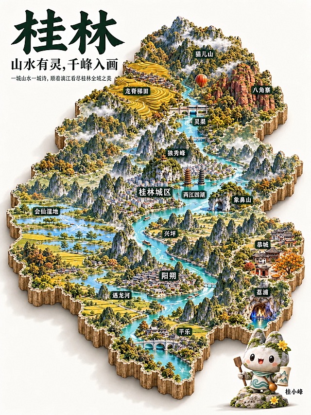 图生图同款微改创作：保持原图整体构图、2.5D等轴测微缩景观风、白色背景、深墨绿色毛笔主标题“桂林”、所有地名标注和右下角吉祥物完全不变。仅做以下微调：1）副标题“山水有形，千峰入画”微调为“山水有灵，千峰入画”；2）引言“一城山水满城诗，顺着漓江看见桂林全域之美”微调为“一城山水一城诗，顺着漓江看尽桂林全域之美”；3）植被加入轻微秋意，部分山峰点缀金黄与橙红树叶，龙脊梯田更加金黄饱满；4）漓江中游上方添加一个红色热气球点缀。其余地貌、水系、建筑、云雾、光影和细节风格与原图保持一致，画面高清细腻。