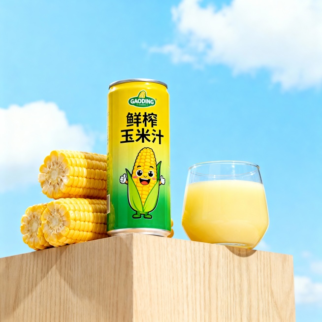 商业产品广告摄影，低角度仰视视角，一罐鲜榨玉米汁饮料易拉罐包装放置在浅木色展台上；包装主色调为黄绿渐变，印有logo"GAODING"和“鲜榨玉米汁”文字及卡通玉米形象；易拉罐包装旁摆放一杯盛有淡黄色预览效果