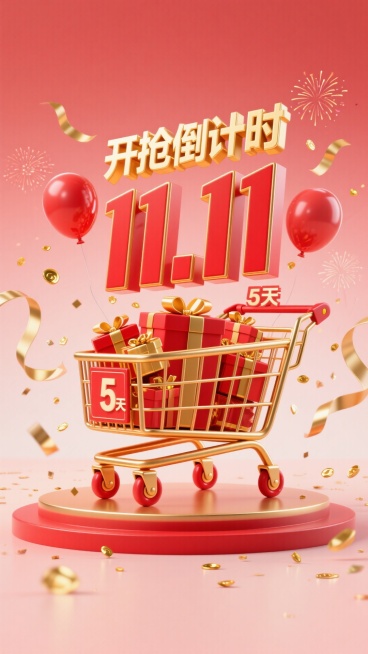 超大号红色卡通购物车，车筐内装满红金礼盒和 “11.11” 气球，车轮边缘镀金色；购物车上方用金色艺术字写 “开抢倒计时”，下方搭配红色立体字 “5 天”；周围漂浮金色丝带、小型烟花、碎金片，背景为浅预览效果