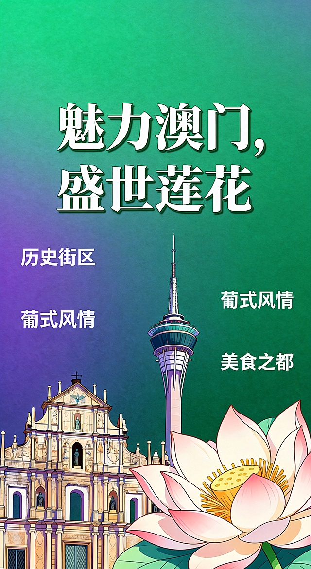 在原图基础上增加更多关于澳门的文字，所有字体都调整为日本动漫风格，不添加日文，只保留中文，保持原图渐变绿紫背景和澳门地标建筑、莲花元素不变，修改文字部分，文字保持清晰可识别，文字完整不被裁切。原文字“魅力澳门，盛世莲花”保留，增加更多相关中文文字，字体为日本动漫风中文