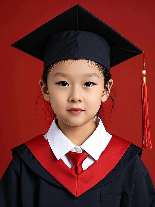 小朋友，女生，博士服穿搭，红色背景，干净的背景，证件照