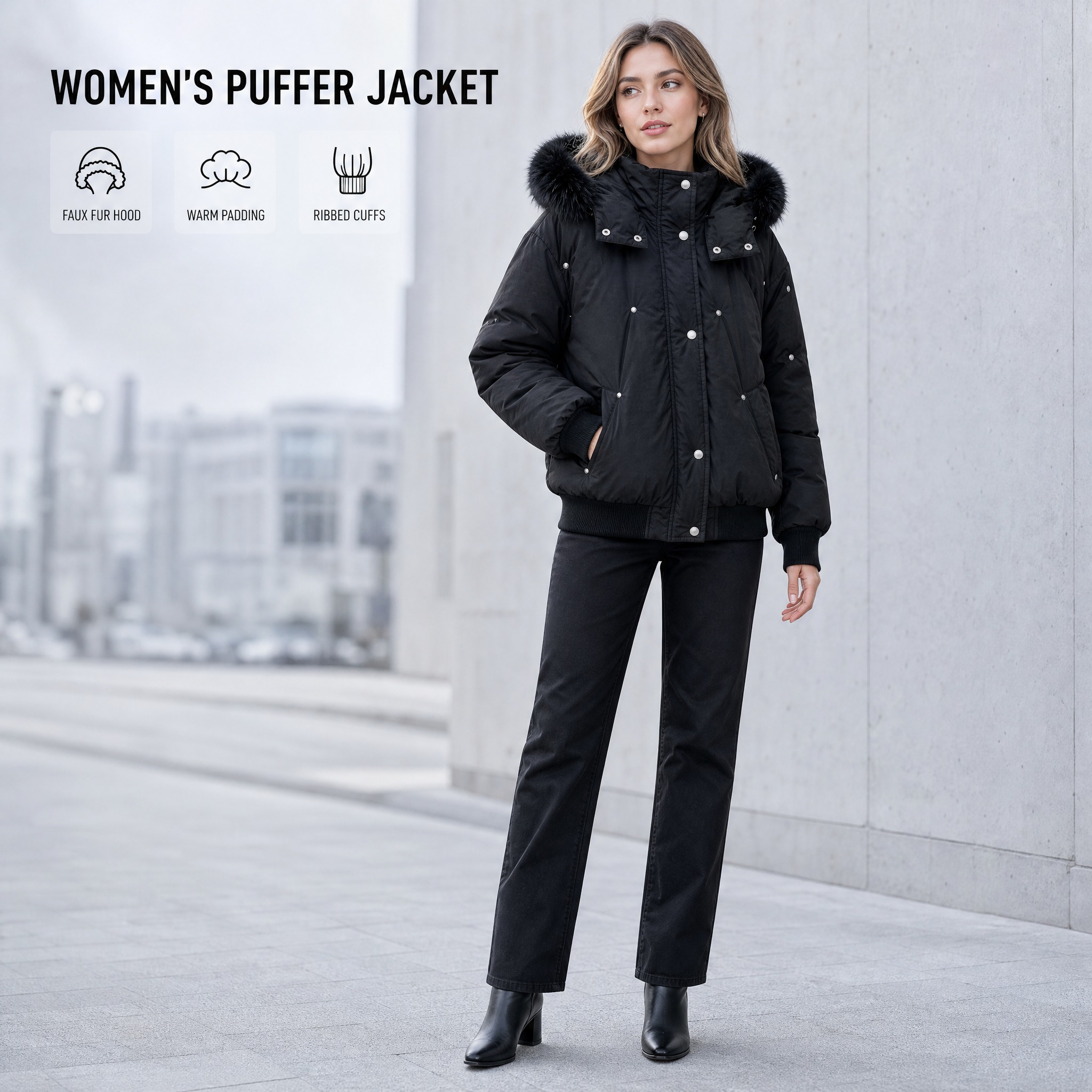 [主图-2] Women's Black Faux Fur H… - 图片创意预览