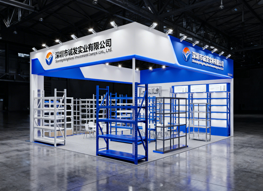 现代化五金置物架展销会摊位设计，大气专业的商业展览风格，显眼位置展示深圳市诚发实业有限公司的LOGO，展位上陈列多款多层五金置物架产品，明亮的展会灯光，干净整洁的展厅环境，高端工业风，蓝色企业色调搭配预览效果