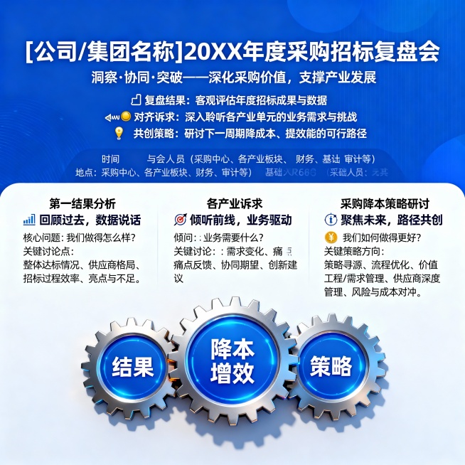 帮我设计一张采购年度招标复盘的宣传图片，内容包括：设计方案：年度采购招标复盘会议视觉看板
设计主题： 聚力复盘，价值共创
主视觉： 一个由三个齿轮（分别代表“结果”、“诉求”、“策略”）紧密咬合，共同预览效果