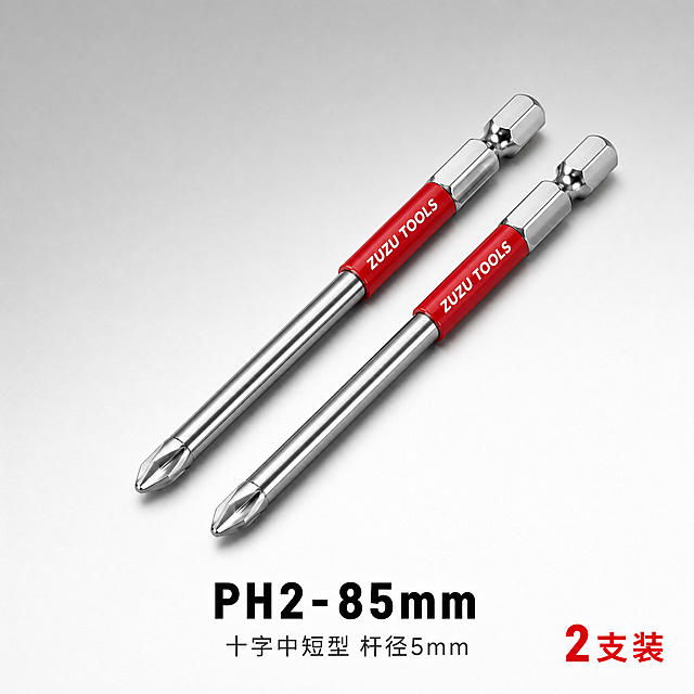 电商SKU图，展示2支PH2十字螺丝刀批头（85mm中短款），去除包装。产品样式：金属银色杆批头，杆身直径5mm，长度85mm，一端是十字PH2批头，另一端是6.35mm六角柄；靠近六角柄的位置有一段红色防滑柄，红色柄上有白色ZUZU TOOLS字样。两支并排45度角斜放，十字头朝向左下方，六角柄朝向右上方。浅灰色渐变到白色背景，高级简约工业风。底部居中标注大号黑色文字"PH2-85mm"，下方灰色小字"十字中短型 杆径5mm"。右下角标注"2支装"。商业影棚摄影质感，左上主光，金属表面高光清晰，红色柄磨砂质感细腻，下方有柔和接触阴影。严格按照素材产品样式生成，杆径5mm。1:1正方形，2K分辨率，无水印无错误文字。
