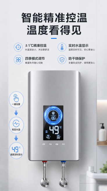 [第4屏] 核心功能演示，智能精准控温功能介绍。
[氛围/风格] 简约科技，突出功能展示，清晰直观。
[元素布局] 产品放置在画面中央，保持原图产品银灰色机身和LED显示屏的细节与颜色不变。放大展示数预览效果