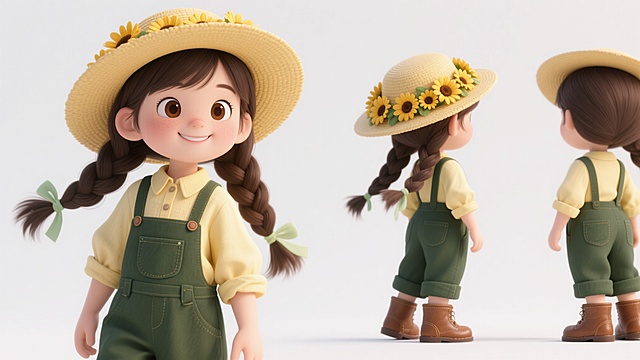 软3D风卡通女孩，拟人化设计，戴向日葵草帽，穿黄衫绿背带裤，清新可爱，柔和舒适，传递春日田园治愈感。