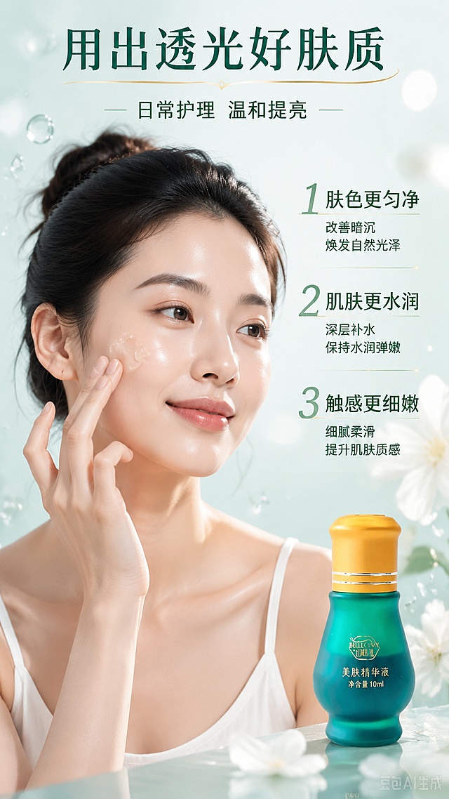 [第4张] 真人局部效果页-亚洲女性面部使用美肤精华液状态展示。本张使用【图1】作为商品主体，与人物同页融合。
[氛围/风格] 自然真实护肤氛围，柔光清透，商业摄影质感，肌肤呈现健康光泽。
[元素布局] 画面主体为亚洲女性肩部以上半身像，女性正在用手指轻拍面部精华，表情放松自然，肌肤呈现匀净透亮状态；精华液瓶置于画面右下角，占比约25%，瓶身外观与输入图一致；背景为淡青绿色渐变柔焦光斑，点缀悬浮水珠、柔白花瓣；人物与产品自然融合，不做硬分割。
[光影质感] 前方柔光主照明，侧后方轮廓光勾勒发丝，肌肤呈现通透水光感，瓶身金色盖高光清晰，整体明亮柔和。
[配色色系] 全局底色 #F0F7F5 淡青绿柔焦；主色青绿色系；辅助色肤色、白色、金色点缀；字色深墨绿+浅绿高亮。
[视角构图] 人物居中偏左，产品右下呼应，阅读动线顶部标题 → 中部人物使用状态 → 右侧编号利益点 → 底部产品。
[文字版式] 版式为顶部标题 + 人物主视觉 + 右侧3条编号利益点 + 底部产品。主标题「用出透光好肤质」，副标题「日常护理 温和提亮」；右侧3条编号利益：「1 肤色更匀净」「2 肌肤更水润」「3 触感更细嫩」，每条配短句说明；文字清晰可读，不遮挡人物面部与产品。
[比例分辨率] 9:16 竖版比例，4K 分辨率，文字清晰可辨，高清画质。
[负向提示词] 人物变形，瓶身变形，缺件错件，颜色偏差，黑金风格，水印，文字错乱，夸大效果，医疗化表述。