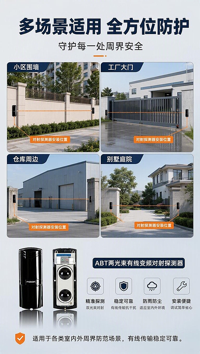 [商品] 使用【图1】ABT两光束有线变频对射探测器，产品以小图形式融入场景示意中；严格保留产品外观、颜色、结构比例，不扭曲不变形。
[画面] 目标：场景适配，展示产品适用的周界安防场景。构图：上方标题区，中部4宫格场景示意（小区围墙/工厂大门/仓库周边/别墅庭院），每个场景中示意性标注对射探测器安装位置，下方产品图+适用说明。阅读动线：顶部标题→4个场景方格→底部总结。前中后景：背景为浅灰渐变，中层4个场景缩略图，前景文字与图标层。
[视觉] 套系策略：风格=安防行业专业商业摄影，克制高级；标题字=粗黑体，厚重有力；正文字=简洁无衬线体；主色=深藏青蓝+深灰；背景延展=浅灰到浅蓝灰柔和渐变；强调色=品牌橙，用于场景标注和重点提示；标题色=深藏青蓝；正文色=深灰；组件=细线边框场景卡、安装位置标注线、简洁图标；光影=均匀柔和光线，场景图清晰明亮。
[文字] 顶部主标题：多场景适用 全方位防护，副标题：守护每一处周界安全。4个场景分别标注：小区围墙 / 工厂大门 / 仓库周边 / 别墅庭院。底部文字：适用于各类室内外周界防范场景，有线传输稳定可靠。所有文字横排，层级分明。
[规格] 单屏比例9:16竖版，4K分辨率，淘宝/天猫平台适配，中文文案。负向提示：避免产品变形、文字竖排、文字过小、深色纯黑背景、过于彩色、极限词、虚假宣传、水印。