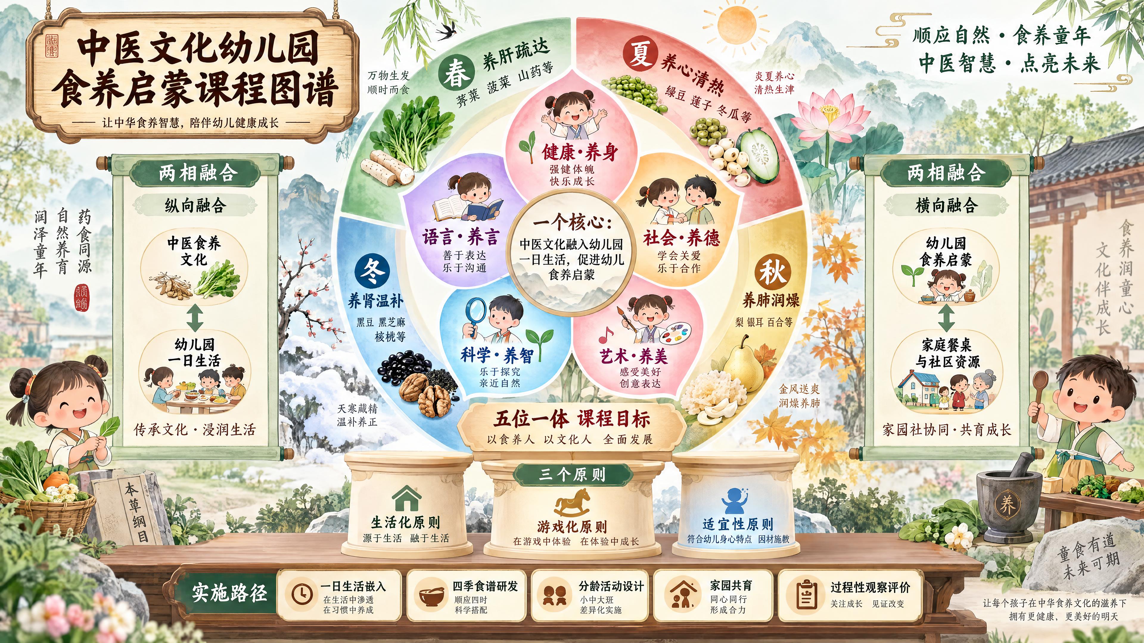 中医文化幼儿园食养启蒙课程图谱，采用同心圆+五瓣花的可视化设计… - 图片创意预览
