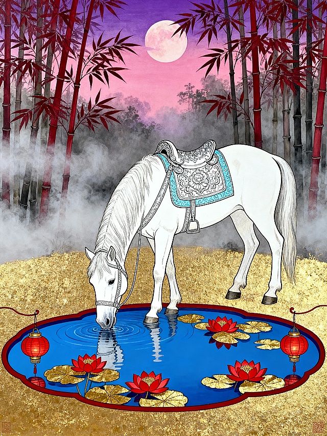 特写一匹白色骏马（佩戴银白与淡蓝刺绣的马鞍），低头饮水的定格瞬间。场景为禅意池塘，水面如镜，漂浮红色睡莲与金色莲叶。池塘边挂着两盏红灯笼，倒影在水中摇曳。背景是薄雾缭绕的竹林，竹叶呈深红色。天空为柔和的粉紫渐变，有一轮淡月未隐。整体氛围静谧柔和，却带着新年的雅致喜庆。