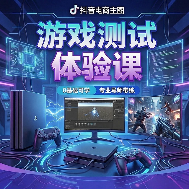将原图片的主标题改为"游戏测试体验课"，保留原抖音电商主图标识、0基础可学、专业导师带练文字，蓝紫科技赛博风格不变，背景替换为游戏主机、手柄、电竞屏幕、游戏开发相关的科技场景，整体和原图风格完全统一