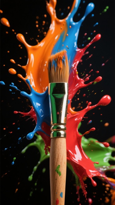 一张具有高度视觉冲击力的油漆背景海报，以纯黑色为深邃背景，中央是一支细节精致的画笔，木质笔杆配以金属绿色笔箍，笔毛部分正激烈喷溅出五彩斑斓的油漆，呈现出橙色、蓝色、红色、绿色等不同画面内容的油漆飞溅形态，色彩浓郁饱满且带有湿润光泽，飞溅的油漆形成动感十足的流体形态，边缘带有细小的油漆滴和喷溅的颗粒，光影效果突出，高光与阴影对比强烈，营造出充满活力与艺术张力的氛围，整体构图聚焦于画笔与飞溅油漆的……预览效果