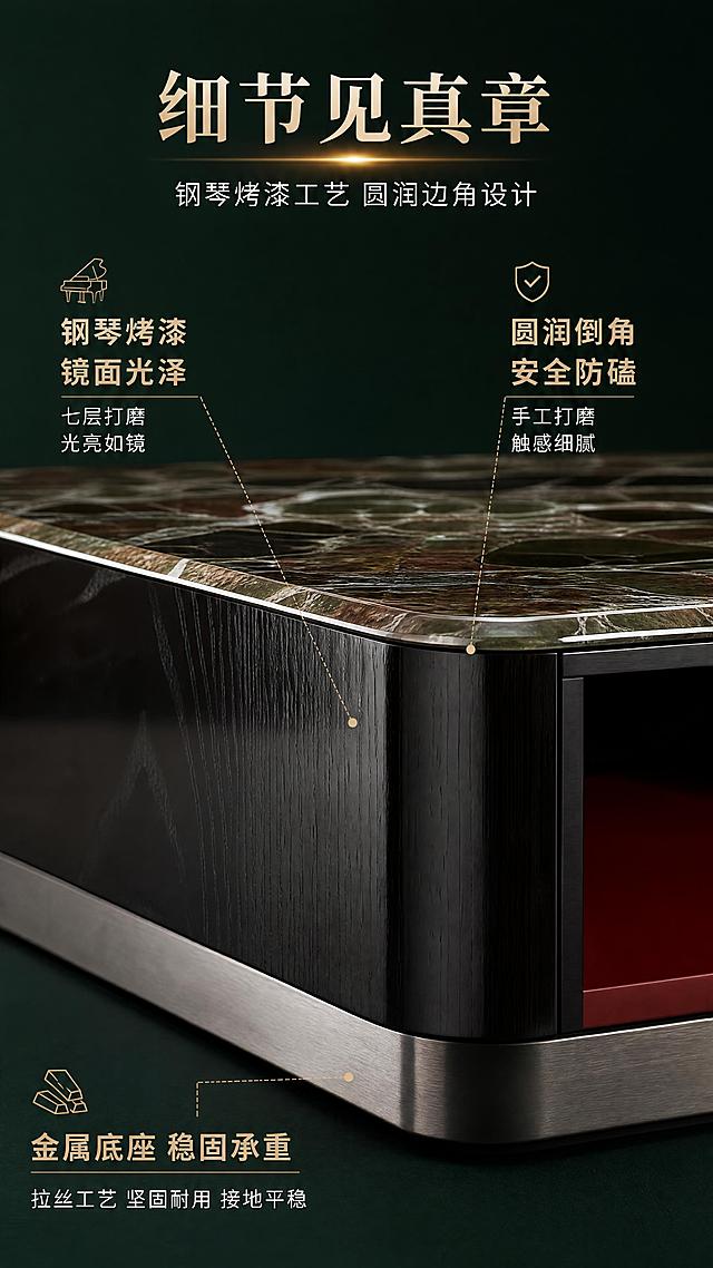 [第6张] 详情页功能细节页-钢琴烤漆工艺与边角处理。本张使用【图1】作为商品主体，重点展示侧边与边角。
[氛围/风格] 精致工艺展示风，微距细节，高端品质感。
[元素布局] 画面主体为茶几边角与侧板的特写，占比约60%，突出钢琴烤漆的镜面反光效果与圆润倒角处理；左侧展示实木贴皮侧板的木纹肌理与烤漆光泽；右侧展示八角形边角的圆润打磨工艺，安全防磕碰；底部展示金属底座的拉丝质感与接地平稳性；产品细节与输入图一致。
[光影质感] 侧光突出烤漆面的高光反射带，柔光均匀打亮木纹细节，边角处有明显高光勾勒轮廓。
[配色色系] 全局底色深墨绿#1A2E2A；主色深黑烤漆、木纹棕；辅助色金色高光、白色文字。
[视角构图] 左右分栏特写构图，阅读动线顶部标题→左侧烤漆工艺→右侧边角细节。
[文字版式] 顶部居中主标题「细节见真章」，副标题「钢琴烤漆工艺 圆润边角设计」；左侧配文「钢琴烤漆 镜面光泽」「七层打磨 光亮如镜」；右侧配文「圆润倒角 安全防磕」「手工打磨 触感细腻」；底部金属底座配文「金属底座 稳固承重」。
[比例分辨率] 9:16竖版比例，4K分辨率，文字清晰可辨，高清画质。
[负向提示词] 烤漆质感差，边角变形，颜色偏差，水印，文字错乱，产品模糊。