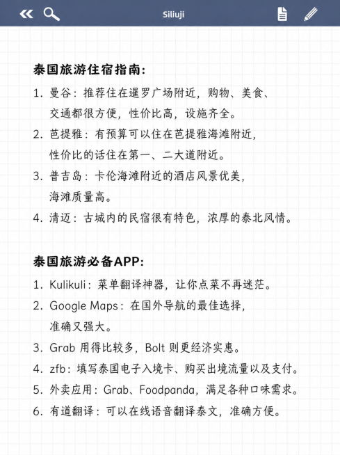 保留现有网格笔记纸张样式，在网格页面中添加以下清晰可阅读的文字：泰国旅游住宿指南:1.曼谷:推荐住在暹罗广场附近，购物、美食、交通都很方便，性价比高，设施齐全。2.芭提雅:有预算可以住在芭提雅海滩附近预览效果