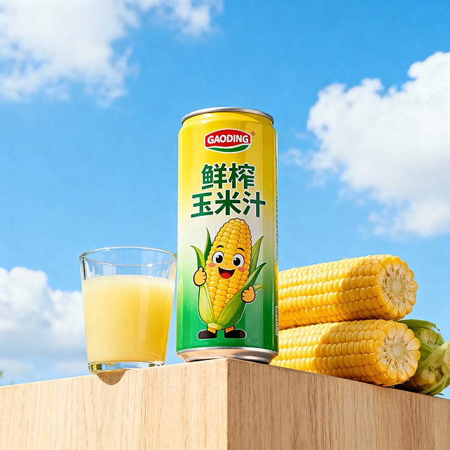 商业产品广告摄影，低角度仰视视角，一罐鲜榨玉米汁饮料易拉罐包装放置在浅木色展台上；包装主色调为黄绿渐变，印有logo"GAODING"和“鲜榨玉米汁”文字及卡通玉米形象；易拉罐包装左侧旁摆放一杯盛有淡黄色玉米汁的透明玻璃杯，易拉罐包装右侧后面搭配堆叠的新鲜甜玉米；背景明亮的蓝天白云，整体画面清新明亮简约，色彩饱和柔和，光线自然通透，突出产品健康新鲜质感，细节清晰锐利，高清 8K，商业广告级质感。