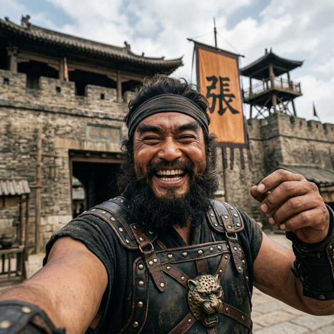 写实风格三国人物张飞，满脸笑容，以仰视近景视角呈现自拍姿态，无手机，背景为古朴的古代城楼预览效果