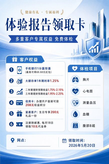 简约大气金融风格海报，整体干净商业摄影，版面分区清晰，留白适当，排版精美。主标题文字"体验报告领取卡"，副标题文字"多重客户专属权益 免费体检"，装饰文字"健康有礼 · 专属福利"。客户权益：1、手机预览效果
