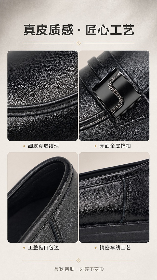 [商品] 使用【图1】黑色真皮厚底乐福鞋；商品处理：保留鞋型、厚底结构、金属饰扣、鞋面缝线、鞋口包边、黑色真皮材质与颜色；自然修复鞋面轻微使用痕迹，增强皮纹肌理、缝线清晰度和五金饰扣光泽，不改变鞋型结构和比例。
[画面] 目标：材质工艺细节页，展示真皮质感与五金饰扣工艺。构图：2×2宫格布局，左上为鞋面真皮微距纹理，右上为金属饰扣特写，左下为鞋口缝线包边，右下为鞋身侧面缝线，每格占画面约40%，中间留细缝分隔。阅读动线：上方标题→四宫格细节→底部工艺说明。前中后景：每格内为浅米色衬底+鞋体局部，整体背景暖灰渐变。场景：工艺细节展示，有高级质感。
[视觉] 套系策略：风格=高级通勤杂志风商业摄影；标题字=现代简约无衬线粗体；正文字=纤细无衬线体；主色=经典黑；背景延展=暖米灰渐变+浅米色地面+细腻纸张质感；强调色=暖金色，仅用于小面积图标、引线和装饰线条；标题色=炭黑色；正文色=中暖灰；组件=细线引线、圆角浅底信息卡、极简几何装饰；光影=左前侧暖柔光，右侧柔和补光，鞋底自然投影。
[文字] 顶部主标题"真皮质感 · 匠心工艺"，四宫格每格下方配小字标签：「细腻真皮纹理」「亮面金属饰扣」「工整鞋口包边」「精密车线工艺」，底部一行小字"柔软亲肤 · 久穿不变形"。
[规格] 图片比例9:16竖版，4K，medium。避免变形、错字、文字过小、冷蓝背景、鞋型失真、颜色改变、白底孤立。