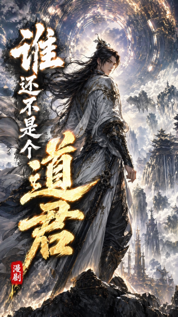 爆款漫剧封面，保留原古风玄幻背景和人物，添加漫剧名称文字“谁还不是个道君”，保持爆款漫画封面风格，文字醒目有冲击力预览效果