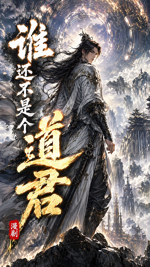 爆款漫剧封面，保留原古风玄幻背景和人物，添加漫剧名称文字“谁还不是个道君”，保持爆款漫画封面风格，文字醒目有冲击力