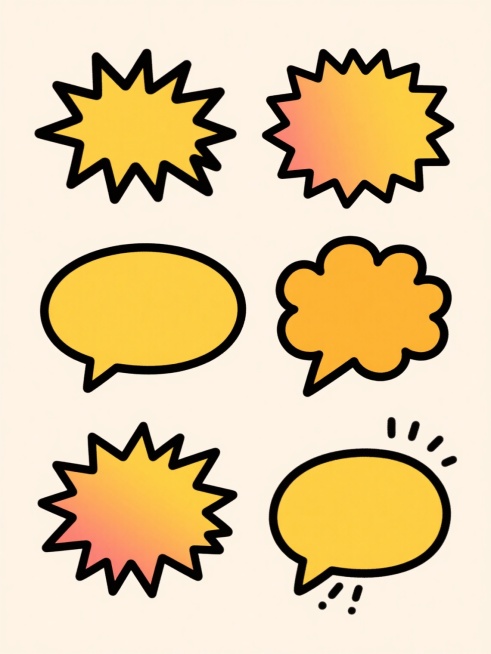 6个不同配色、不同样式、不同材质的爆炸形状对话框造型，采用手绘卡通风格，黑色轮廓线搭配黄色渐变填充，边缘有黑色放射状线条装饰，浅色背景，上下两行对齐排列，保持简洁的插画风格和明快的视觉效果。预览效果