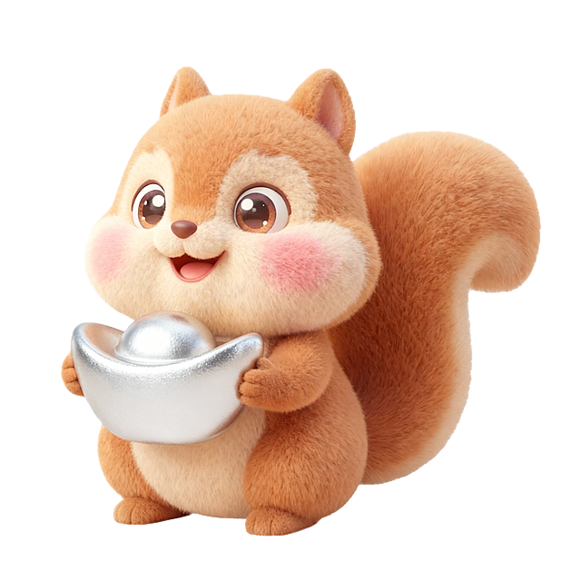 保持原有的可爱毛绒Q版3D卡通松鼠形象不变，仅将它手里捧着的金元宝替换为银白色的银元宝，风格、造型、质感完全和原图一致，背景为透明，PNG格式