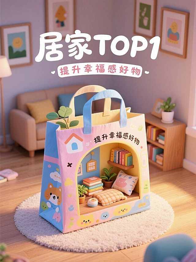 可爱卡通插画风，背景为纸袋，主标题为""居家TOP1""，副标题为""提升幸福感好物""，稚气感手写字，点缀可爱元素"