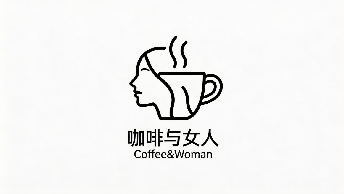 极简风格Logo设计，仅包含咖啡杯符号和女性侧脸轮廓的极简符号，下方配有文字"咖啡与女人"和"Coffee&Woman"，线条简洁干净，整体小巧简约，适合放在文章末尾区域使用预览效果