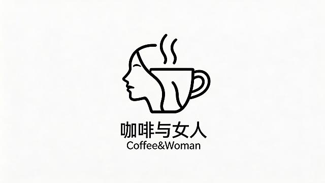 极简风格Logo设计，仅包含咖啡杯符号和女性侧脸轮廓的极简符号，下方配有文字"咖啡与女人"和"Coffee&Woman"，线条简洁干净，整体小巧简约，适合放在文章末尾区域使用