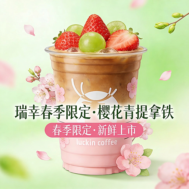 电商商品主图，瑞幸樱花青提拿铁咖啡杯，杯顶装饰新鲜草莓和青提，背景清新淡绿色搭配飘落的粉色樱花花瓣，整体风格清新春日，主体商品居中放大置于视觉中心，文字文案：瑞幸春季限定 樱花青提拿铁 新鲜上市，文字清晰排版醒目，色彩鲜明和谐，高清细节，提升商品吸引力，产品包装和图案和原图一致