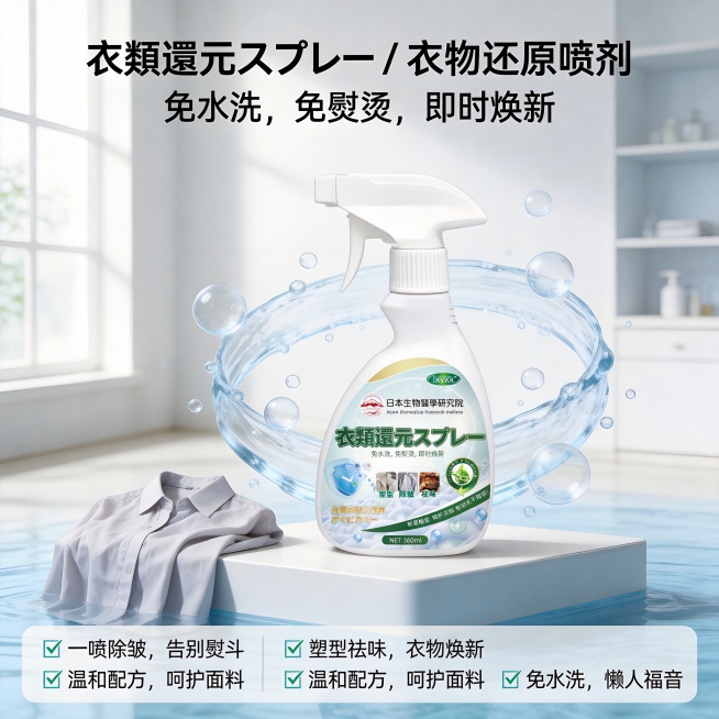 设计风格：
 清新洁净风，以专业机构背书 + 透明气泡元素，传递 “安全、高效、温和” 的产品气质。背景房间，展台左侧一件皱褶的衣服
专业洁净风，融合科技感与清新感，突出 “免水洗、免熨烫” 的便捷高预览效果