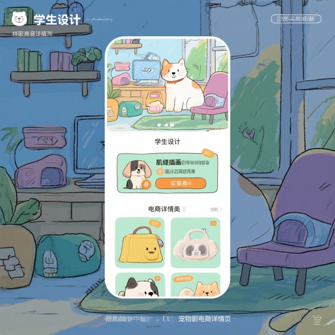 "学生设计的宠物用品电商详情页，竖版全屏视角，手绘插画风，细节含优惠券弹窗与买家秀模块"预览效果