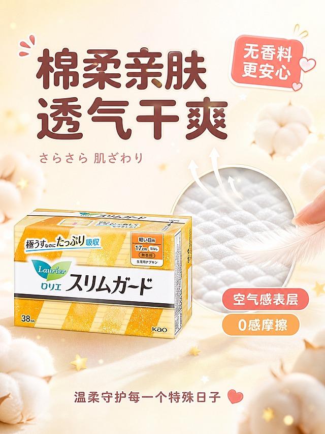 [主图-3] 材质肤感细节图，主题：亲肤透气 温柔呵护。展示卫生巾表层材质的柔软亲肤特点，关爱女性主题。
[统一基调] 整体风格：日系清新高级感，可爱俏皮，柔和光影；背景主色：奶油白+淡粉渐变，点缀柔黄星光粒子；标题字色：深粉棕色粗体中文；辅助字色：浅灰粉；强调色：珊瑚粉+暖橙；字体样式：圆润粗黑非衬线体，中文粗体大字，日文小号辅助；圆角爆炸贴标签样式：珊瑚粉圆角矩形白字，带小爱心装饰；整套统一视觉。
[画面] 画面中央偏左展示17cm量多日用款（黄色包装）卫生巾产品盒，产品保持原外观比例不变形不重绘。产品右侧做材质微距特写放大：展示卫生巾表层的细腻棉柔纹理，用放大的圆形画中画形式呈现表层纤维的柔软质感，画中画内有细微的空气流动线条表现透气性。画中画旁边有一只轻柔的羽毛轻轻触碰表层，表现柔软亲肤。背景为奶油白到米黄色的柔和渐变，点缀棉花和云朵形状的轻柔装饰元素。
[光影质感] 柔光微距摄影质感，材质纤维清晰可见，羽毛轻盈飘逸，整体光线柔和温暖，有治愈系氛围。
[配色] 主背景奶油白+米黄渐变；标题深粉棕色；强调色暖橙、米白；棉花云朵纯白色；整体温暖柔软。
[文字版式] 画面顶部大标题粗体中文："棉柔亲肤 透气干爽"，字号最大粗体；标题下方一行日文小字："さらさら 肌ざわり"；右上角圆角爆炸贴标签（珊瑚粉色）内白字："无香料 更安心"；画中画旁边配两个圆角小标签："空气感表层"、"0感摩擦"；画面底部一行中文："温柔守护每一个特殊日子"，旁边有一个小爱心图标。所有文字不遮挡产品主体。
[输出要求] 比例3:4，文字清晰可读，产品清晰完整不变形，无错字；负向：禁止产品变形拉伸、禁止重绘包装、禁止模糊、禁止水印、禁止医疗功效暗示。