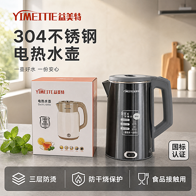 [主图-1] 益美特电热水壶厨房场景首图。
[氛围风格] 现代简约干净整洁的家居厨房氛围，实用主义洁净生活感
[画质] 商业摄影质感，光线明亮柔和通透，产品清晰真实，画面干净高级
[元素] 深灰色304不锈钢电热水壶居中放置在石英石厨房台面上，旁边搭配盒装产品，台面点缀一小束薄荷绿植。保持电热水壶外观（物理结构、材质质感、颜色）与输入产品图绝对一致，杜绝任何变形和色差，精细化处理。商品主体占比严格控制在60%-80%之间，画面满屏无边框。左上角放置提取的YIMEITE益美特品牌Logo，不遮挡产品主体。
[光影] 柔和的左侧厨房窗边自然光为主光，右侧补光做辅助填充，整体明亮通透，高光不溢，暗部有层次，不锈钢材质呈现自然金属光泽
[配色] 主色调为浅米白厨房墙面与灰色台面，产品深灰色做视觉焦点，浅绿色做点缀，整体干净通透
[视角构图] 平视角度，产品居中构图，景深适中，轮廓完整不裁切
[文字版式] 左上Logo下方放置大字主文案"304不锈钢 电热水壶"，深灰色粗体无衬线，下方小字"一壶好水 一份安心"，灰色缩小50%。右下角放置圆角徽章"国标认证"，深灰色边框浅灰色底。底部三分栏排列核心卖点：第一栏「三层防烫」，第二栏「防干烧保护」，第三栏「食品接触用」，每栏均为图标+文字，白色文字深灰色半透明底，保持清晰对比
[比例分辨率] 1:1比例，2k分辨率，文字清晰可辨，超高清
[负向提示词] 变形，水印，文字错乱，产品图模糊，背景杂乱，大面积冷科技蓝