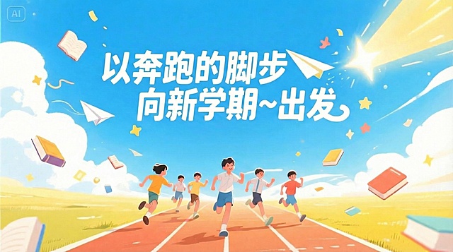 去掉文字'let'go'，保留原字体，保留文字'以奔跑的脚步 向新学期~出发'，保留画面中的人物和背景元素