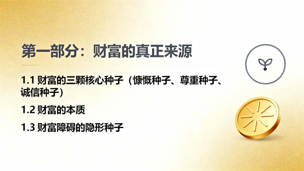 《财富与债务的真相——种子法则深度解析》



- 为什么有人轻松赚钱却留不住？有人负债累累却莫名翻盘？
- 你种过"财富的种子"吗？还是一直在收割"债务的果实"？

 财富不是赚来的，是种出来的；债预览效果